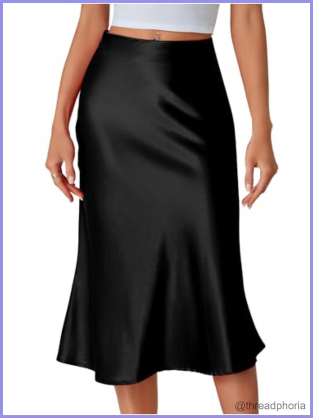 Satin Silky Midi Skirt High Waist A-Line Flowy Workwear